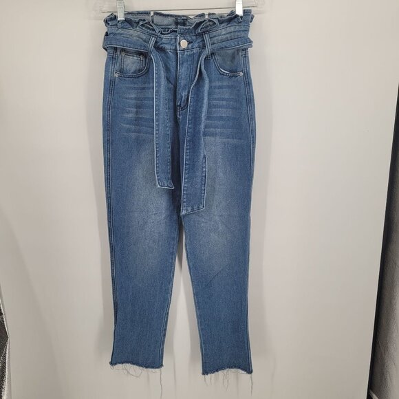 Pretty little thing womens UK 10 US 6 blue paper bag belted waist raw hem jeans - Picture 8 of 8